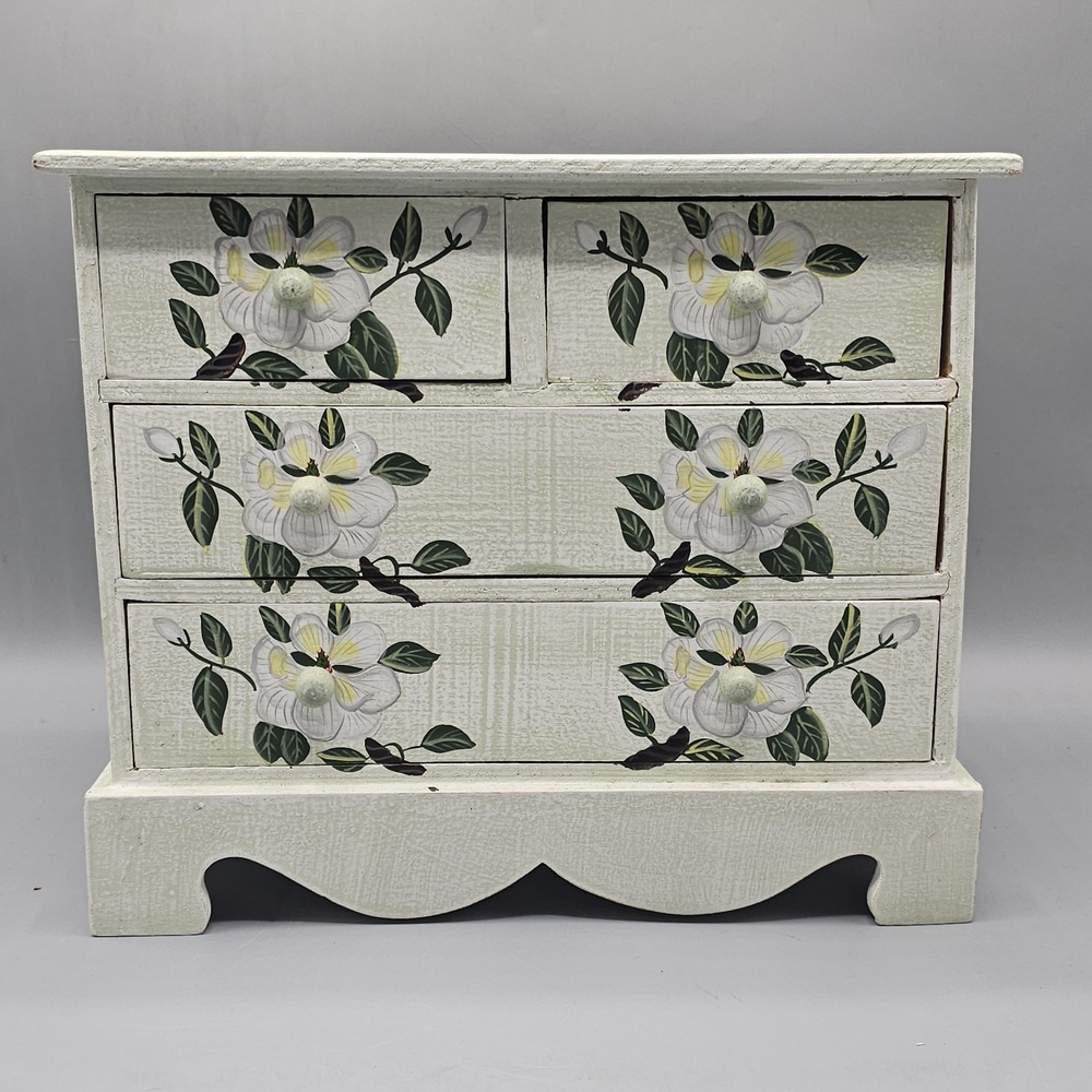 Vintage 90s Floral Wooden Jewelry Box Cottagecore Grannycore Magnolia Flowers